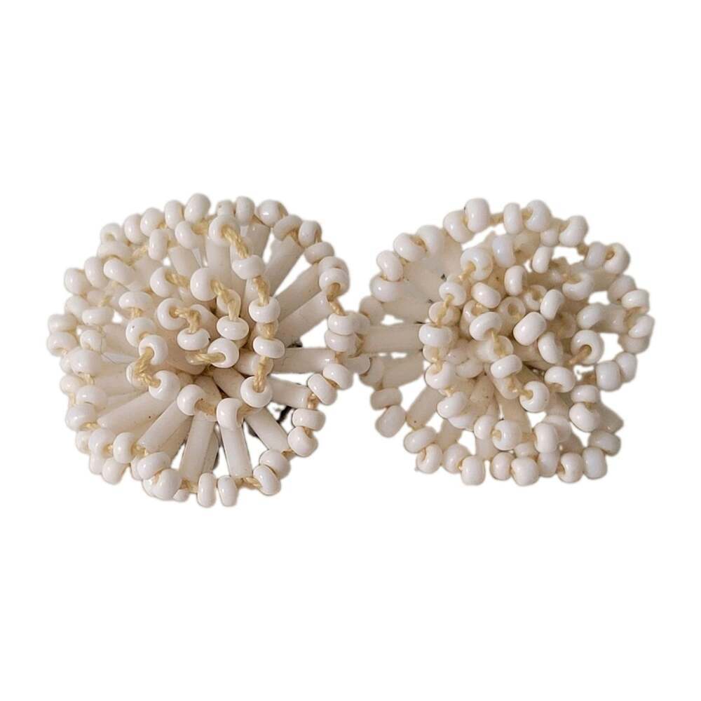 Vintage White Seed Bead Earrings Clip On